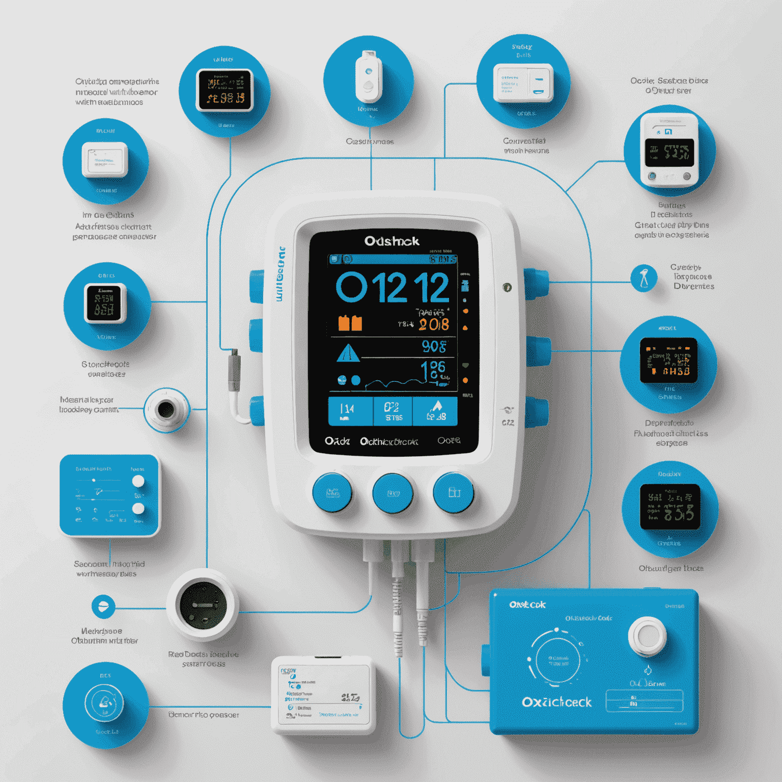 Diagramă care ilustrează integrarea oximetrului OxiCheck cu diverse dispozitive medicale și sisteme EHR. Oximetrul este în centru, conectat prin linii albastre la icoane reprezentând monitoare cardiace, sisteme de ventilație, tablete medicale și servere de date.