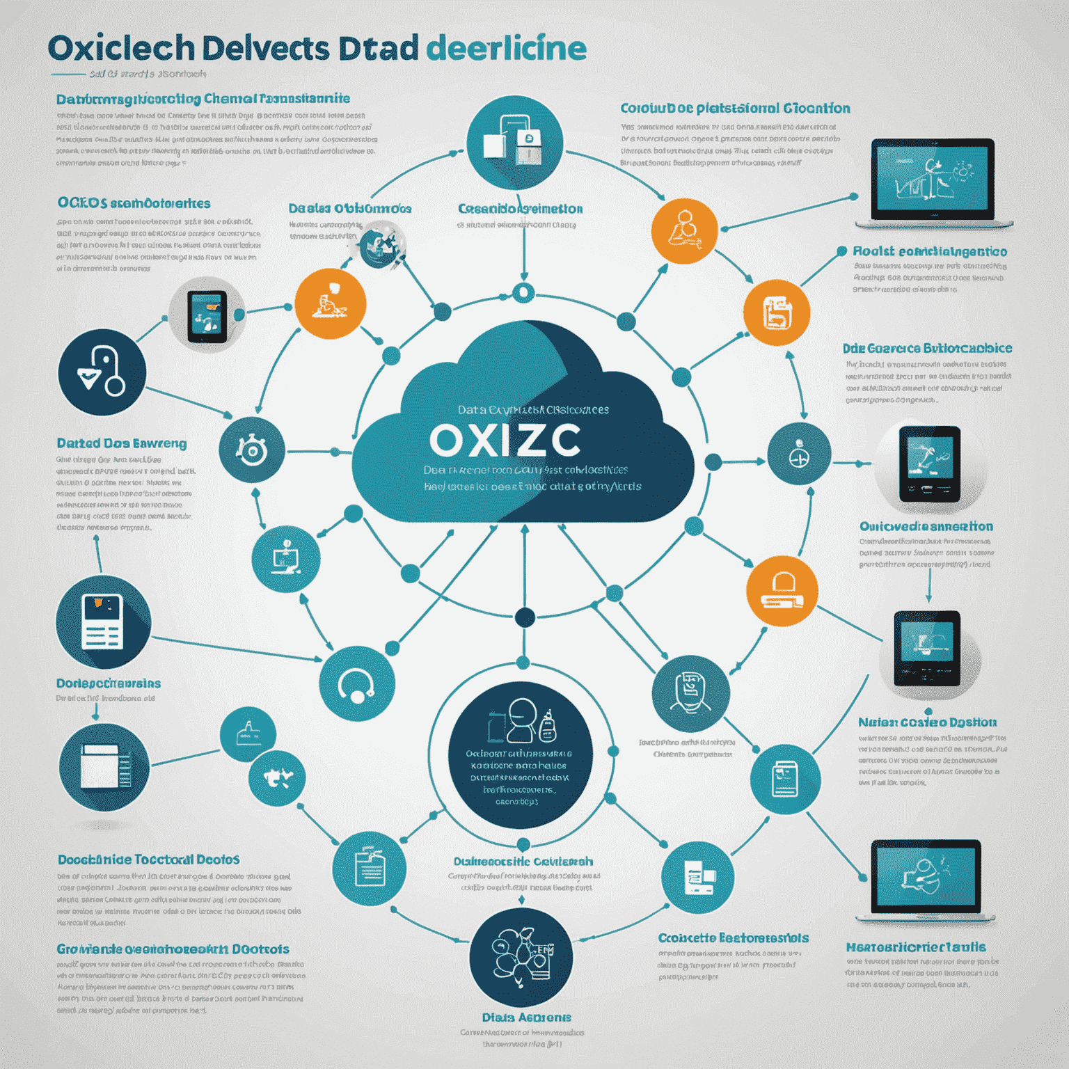 Diagramă infografică care ilustrează fluxul de date de la dispozitivul OxiCheck purtat de pacient, prin cloud, până la dispozitivele medicilor. Sunt evidențiate etapele de colectare a datelor, transmisie securizată, analiză și alertare.